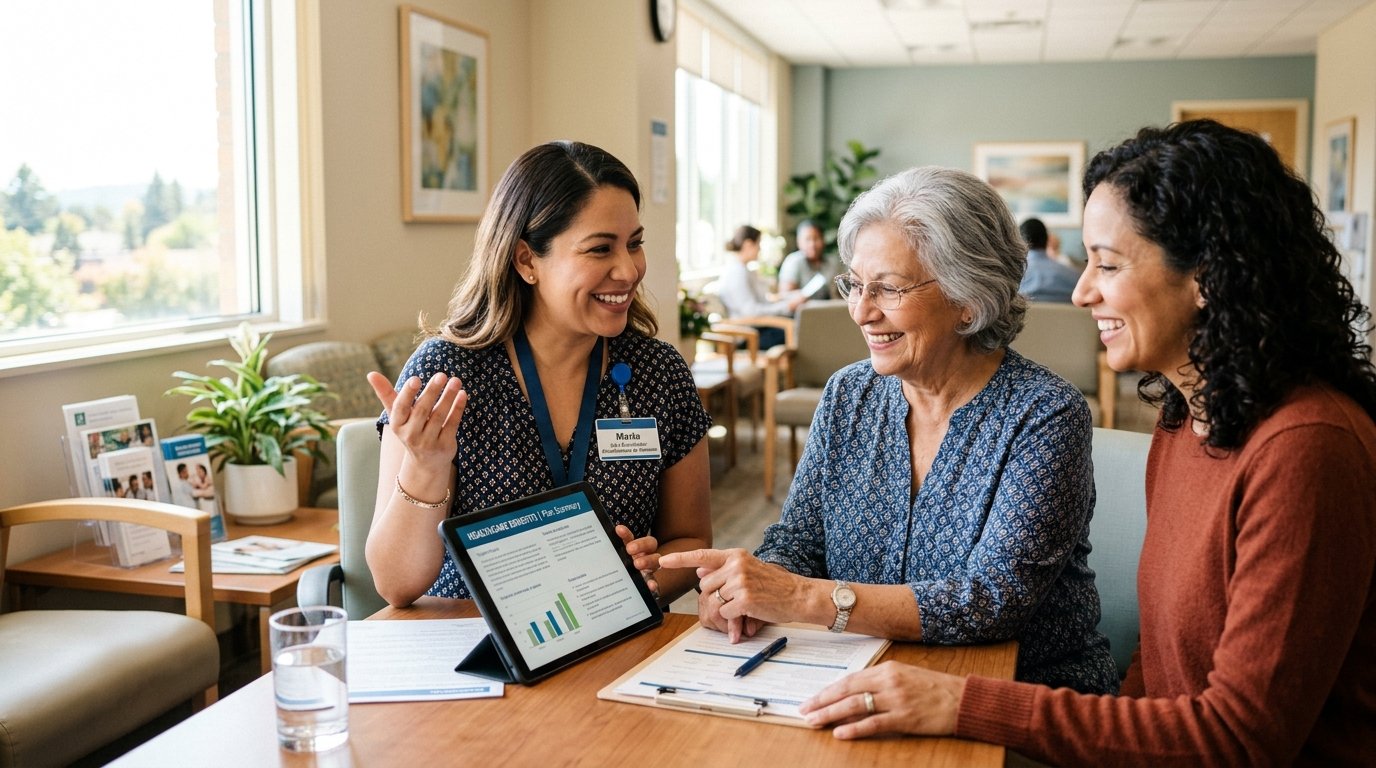Compassionate healthcare care coordinator assisting patient family